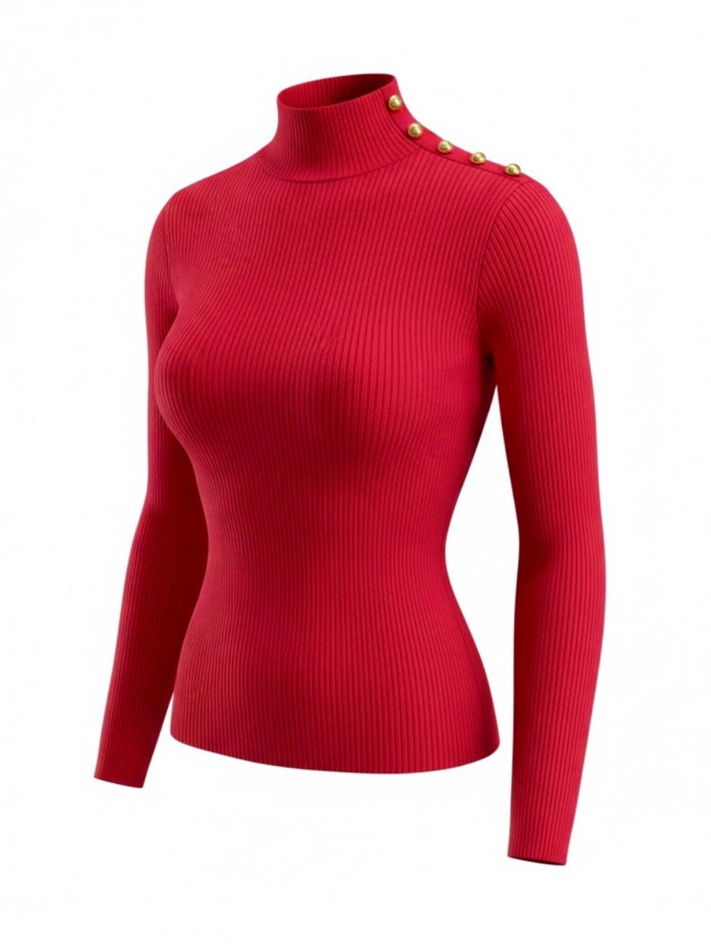New York & Company Red Ribbed Turtleneck Sweater with Gold Shoulder Buttons